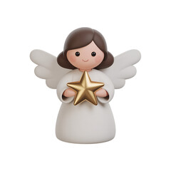 Cute 3d rendered angel with golden star, perfect for nativity scenes, church events, christmas tree toppers or festive winter illustrations