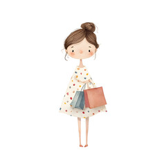 simple watercolor illustration of a kawaii cute little chibi skinny women in dress with gift bag minimal style beautiful colors cohesive pastel palette childrens book aesthetic no shad