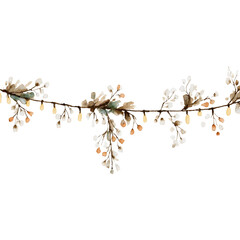 Soft minimalist watercolor illustration of a christmas Garland on FenceRail handpainted Uses soft neutral tones with gentle pastel highlights Delicate details isolated on white backgro
