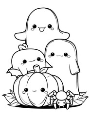 simple Halloween coloring page for kids black and white line art no shading no color thick outlines cartoon pumpkin ghost bat spider cute and friendly style plain white background.jpe