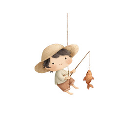 simple watercolor illustration of a cute little chibi boy boy in straw hat fish on hook midair kawaii minimal style beautiful colors muted natural palette childrens book aesthetic no s