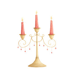 simple watercolor illustration of a a gold candelabra with three red taper candles glowing holiday light elegant oldmoney Christmas aesthetic minimal style beautiful colors rich vintage