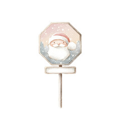 Soft minimalist watercolor illustration of a Santa Stop Here sign Uses soft neutral tones with gentle pastel highlights Delicate details isolated on white background