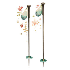 simple watercolor illustration of a pair of ski poles with matteblack shafts teal ergonomic handles snow baskets with fine detail minimal style beautiful colors rich vintage palette eme