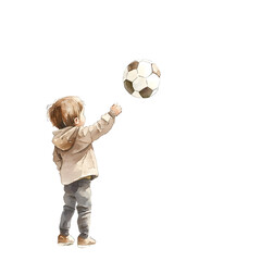 watercolor illustration of a child heading a soccer ball soft neutral colors cozy childfriendly watercolor style handpainted texture isolated on white background minimal and whimsical