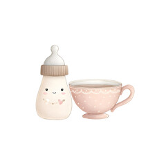 simple watercolor illustration of a cute little baby bottle beside a teacup minimal style beautiful colors cohesive pastel palette childrens book aesthetic no shadows Isolated on a whi