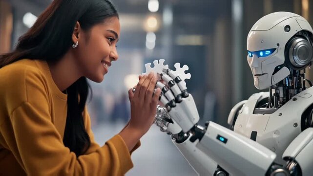 A human and a robot push matching puzzle pieces together, symbolizing seamless AI collaboration, hybrid intelligence, and the integration of artificial intelligence into human problem-solving.