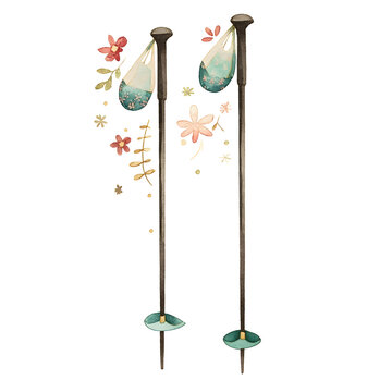 simple watercolor illustration of a pair of ski poles with matteblack shafts teal ergonomic handles snow baskets with fine detail minimal style beautiful colors rich vintage palette eme