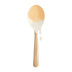 Cute minimal watercolor clipart of a Wooden spoon with icing drip soft neutral colors minimal shadows flat watercolor look clean shapes handpainted texture isolated on white background