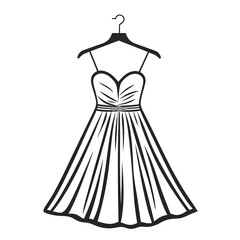 Minimalist black and white line art icon of wedding dress on a hanger simple and elegant vector style thin and clean lines modern elegant high resolution no background no shading ultr