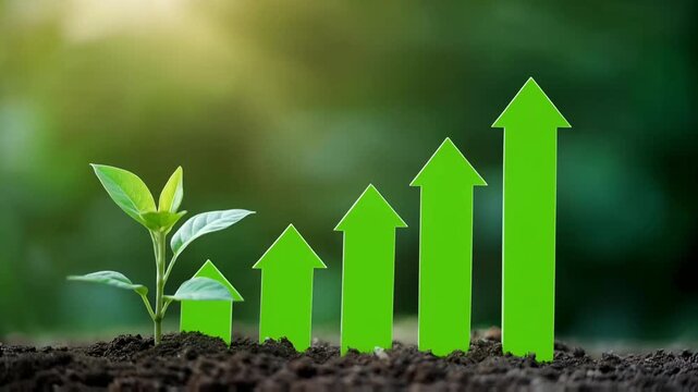 A green plant grows beside a rising arrow bar chart, representing sustainable growth, organic progress, and long-term development driven by stability, resilience, and eco-aligned business strategy.