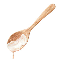 Cute minimal watercolor clipart of a Wooden spoon with icing drip soft neutral colors minimal shadows flat watercolor look clean shapes handpainted texture isolated on white background