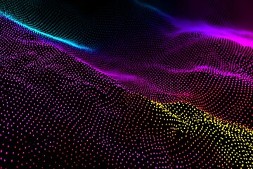 Geometric grid of dots with wave distortion effect in neon colors creating futuristic visual appeal