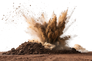Dynamic explosion of dirt and rocks, in mid-air with swirling dust clouds, cutout, PNG isolated on white or transparent background