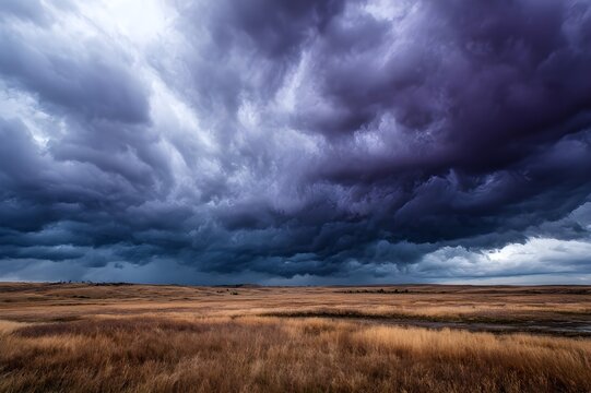 Ominous purple and grey storm clouds rolling across flat prairie creating dramatic weather visuals