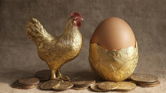 This captivating still life showcases a gleaming golden chicken figurine and a real brown egg resting in a beautifully textured golden eggshell, all nestled amongst scattered currency coins on a rusti