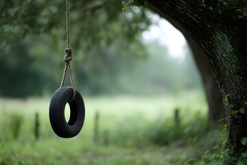 Tire swing hanging from ancient oak tree with frayed rope evoking nostalgic rustic childhood memories outdoors