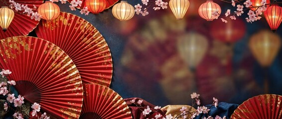 Chinese new year background with red fan, lantern, and cherry blossom flowers. Lunar New Year and Spring Festival celebration for holiday greeting card. Banner with copy space