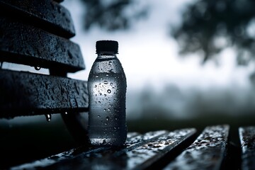 Water bottle silhouette resting on bench with condensation details conveying refreshing minimalist fitness oriented aesthetic
