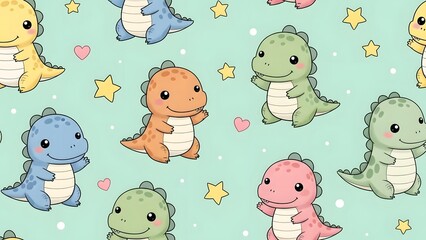 Kawaii dinosaur characters with tiny arms and big cute eyes, arranged in seamless repeating pattern with stars and hearts, pastel mint background
