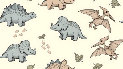 Hand-drawn doodle-style baby stegosaurus, triceratops, and pterodactyl scattered with leaves and tiny footprints