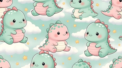 Cute chibi dinosaurs with round bodies, big heads, soft pastel green and pink color scheme, stars and clouds in background, seamless pattern