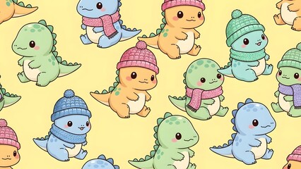 baby dinosaurs wearing tiny hats or scarves, seamless repeating design, pastel yellow background, soft outlines, adorable and playful.