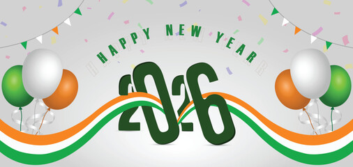 Happy New Year 2026 with Colorful Balloons, Ribbon, Confetti. Modern holiday greeting banner, poster, greeting card template