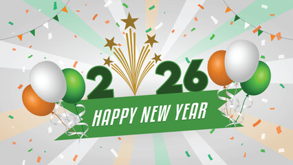 Happy New Year 2026 with Colorful Balloons, Sparkling Fireworks, Confetti. Modern holiday greeting banner, poster, greeting card template