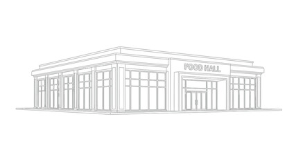 A detailed architectural sketch of a modern food hall building with large glass windows