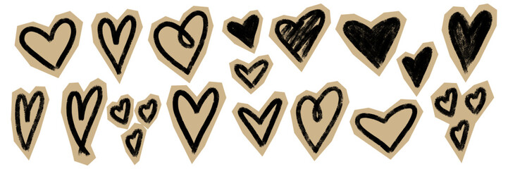 Set of grunge scrapbook hearts in collage style. Black hand drawing crayon and chalk texture on beige cutout paper background. Vintage scribble craft zine design. Vector illustration isolated