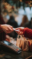 Two hands exchanging a payment card at a retail counter. A card reader is visible. Background features blurred shoppers and festive decorations.