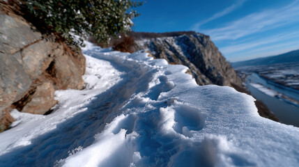 A stunning winter landscape showcasing a snowy trail winding alongside a cliff with a river below, emphasizing the beauty and tranquility of nature in the colder months.