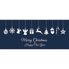 Fototapeta premium Elegant dark blue Christmas and New Year greeting card with white hanging ornaments and festive typography.