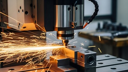 Intricate Metalworking with Sparks Flying from a Precision CNC Machine Tooling Operation