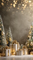 Decorative Christmas scene with three evergreen trees adorned with golden ornaments and lights. Gift boxes in white and gold are placed in front.