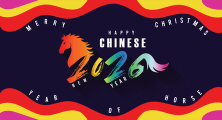 Happy Chinese New Year 2026 with Colorful Waves, Joyful Energy. Modern holiday greeting banner, poster, greeting card template. Happy New Year 2026 design