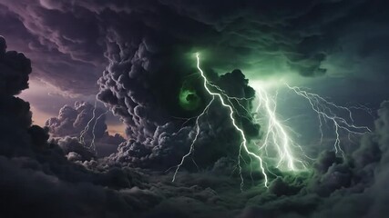 A breathtaking and powerful display of natures fury as a massive thunderstorm unleashes brilliant white and green lightning bolts across a dark turbulent sky filled with ominous swirling clouds creat. - Powered by Adobe