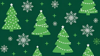 A festive green background with Christmas trees and snowflakes illustration
