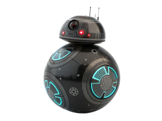Dark metallic spherical robot, with glowing blue circular panels and red eye lights, cutout, PNG isolated on white or transparent background