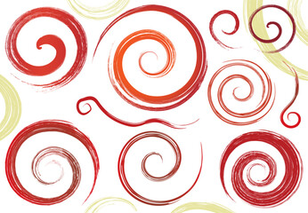 手書き筆タッチの和風ぐるぐるうずまき素材セット/赤