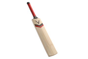 Light wood cricket bat, with red grip and chevron design, cutout, PNG isolated on white or transparent background