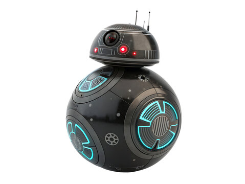 Dark metallic spherical robot, with glowing blue circular panels and red eye lights, cutout, PNG isolated on white or transparent background