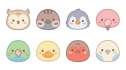 Fototapeta premium Collection of cute kawaii bird heads including an owl, penguin, flamingo, and duckling in a charming cartoon style with soft pastel colors and simple line art for children's design