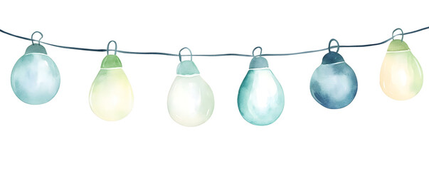 A watercolor illustration of a chunky string of fairy lights with oversized pastel blue and green bulbs watercolor texture 4K clipart muted pastel colors simple bold shapes isolated o