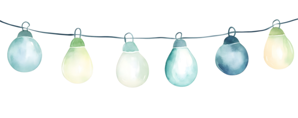 A watercolor illustration of a chunky string of fairy lights with oversized pastel blue and green bulbs watercolor texture 4K clipart muted pastel colors simple bold shapes isolated o