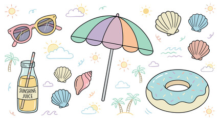 Cute collection of hand-drawn summer vacation elements in a pastel color palette, including a beach umbrella, sunglasses, seashells, a donut, and juice in a bottle