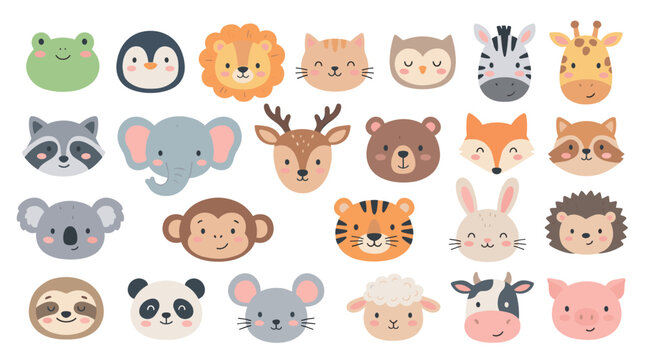 Cute cartoon collection of smiling animal faces including a lion, tiger, bear, and panda in a charming flat vector illustration style for children's design projects