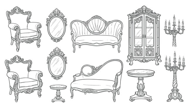 Collection of hand-drawn antique furniture in an elegant Rococo style, featuring ornate carved details on an armchair, sofa, mirror, cabinet, table, and candelabra