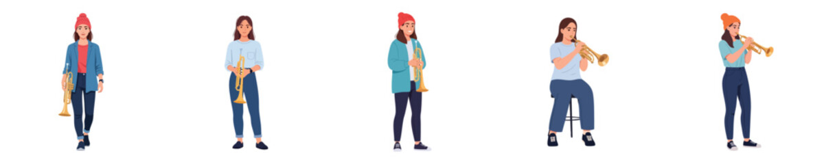Female Musician Trumpet Player Flat Vector Character Illustration Set